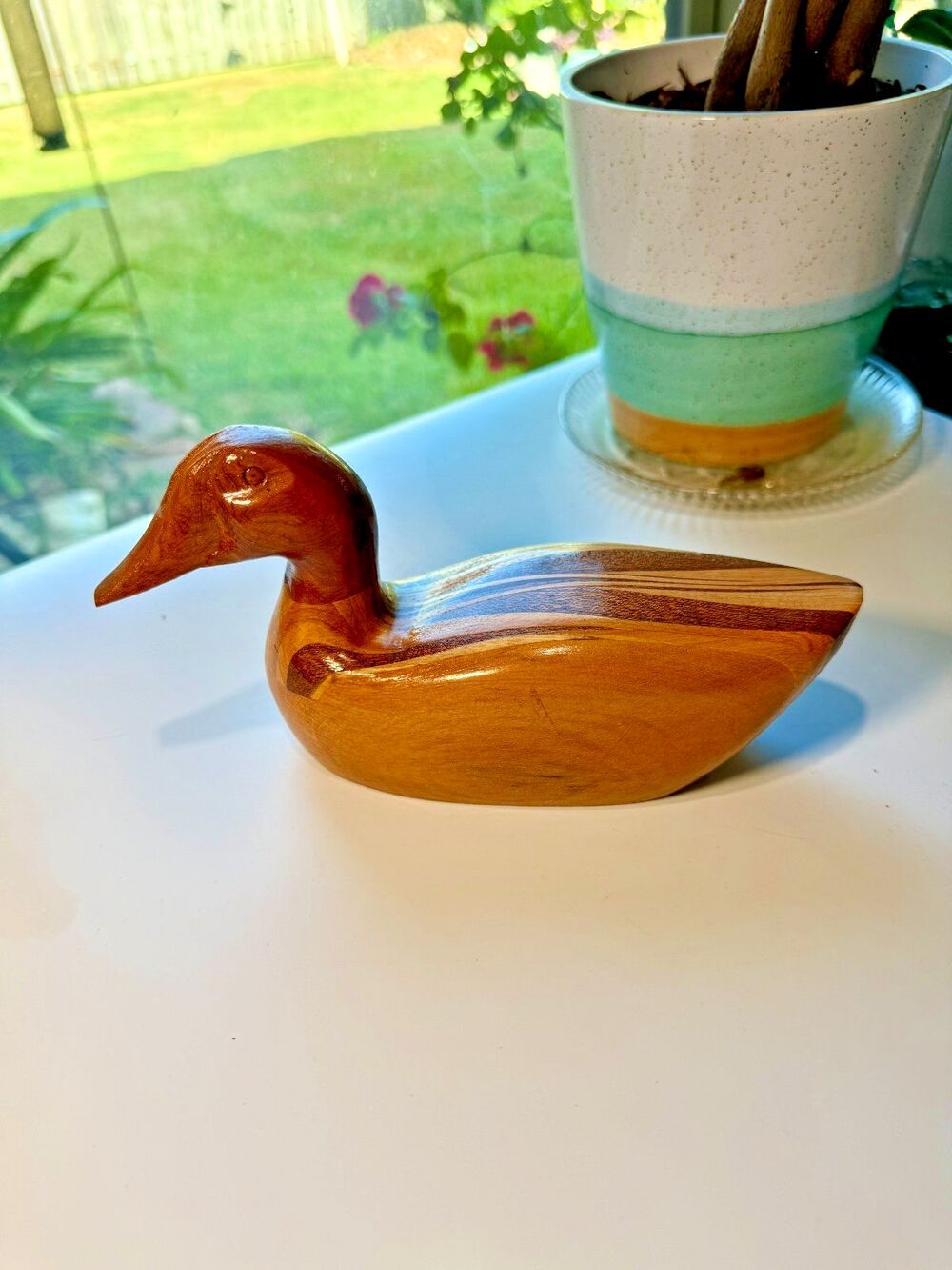 Hand Carved Duck Polished Finish Wood Grain Inlays 8in Signed 2017